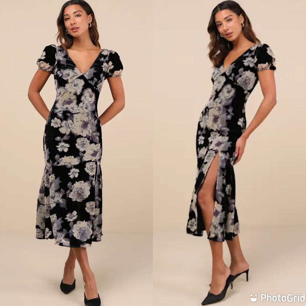 NWT Lulus Real Lovely Black Floral Burnout Velvet Spring Midi Dress Women's Sz L